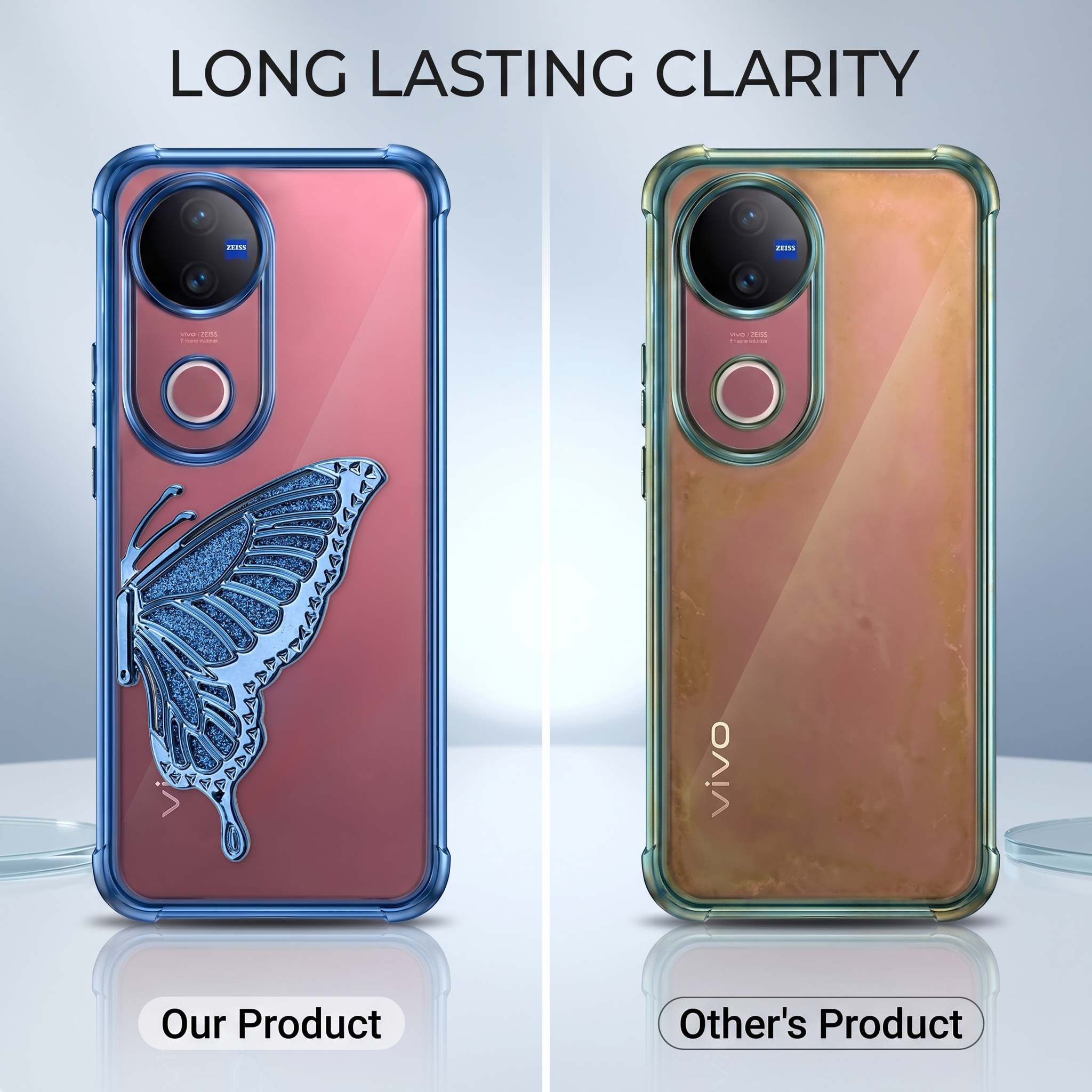 Vivo V50 5G Premium Butterfly Glitter Stand Transparent Shockproof Airbag Phone Case
