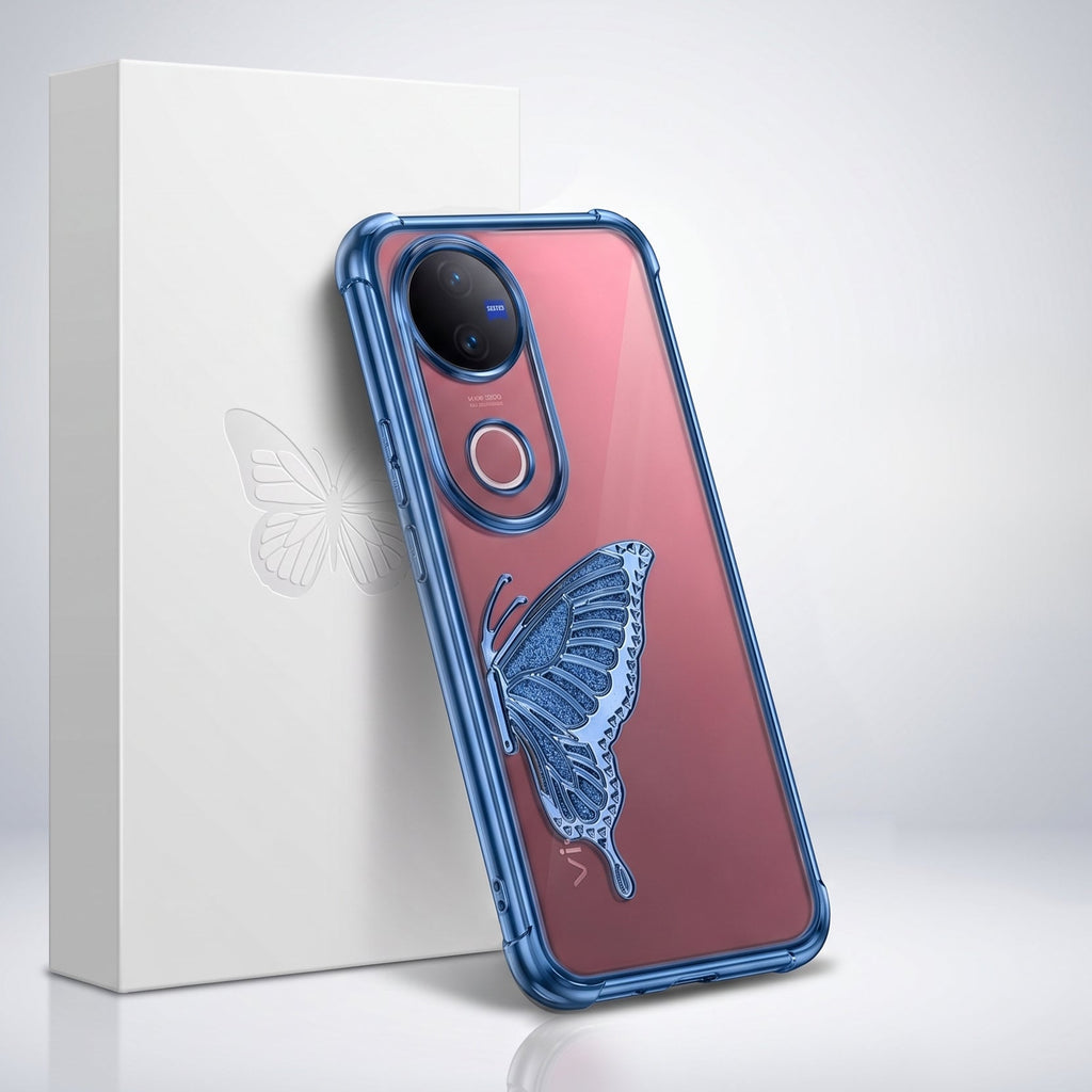 Vivo V50 5G Premium Butterfly Glitter Stand Transparent Shockproof Airbag Phone Case