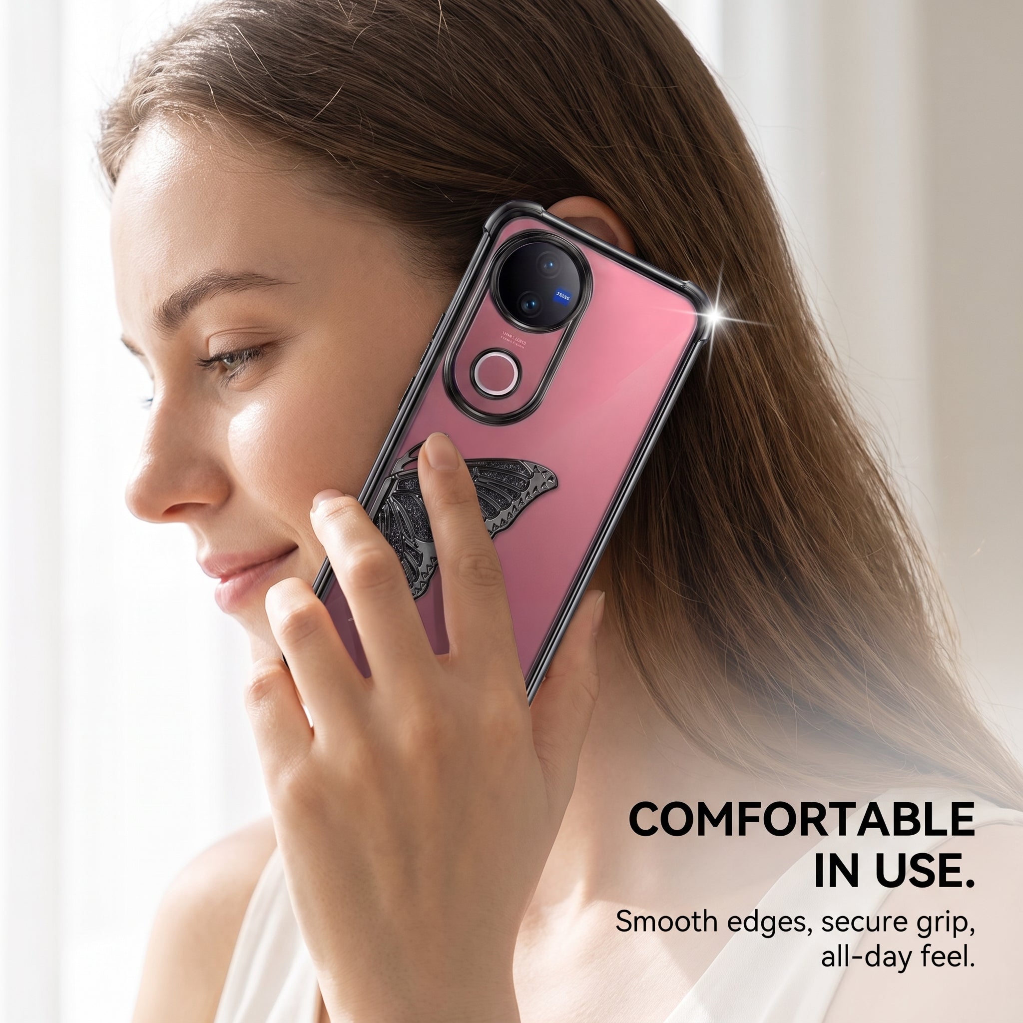 Vivo V50 5G Premium Butterfly Glitter Stand Transparent Shockproof Airbag Phone Case