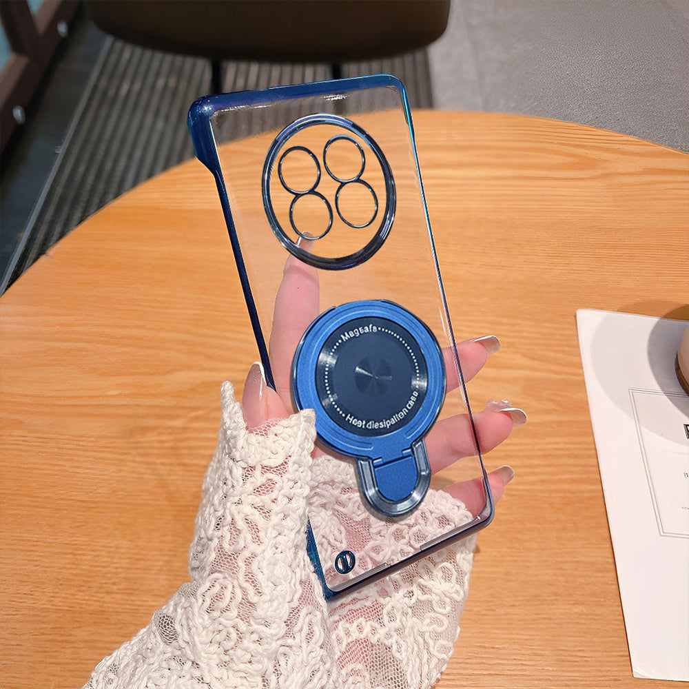 Realme 13 Pro+ 5G Clear phone case with blue accents held by a hand on a wooden table.