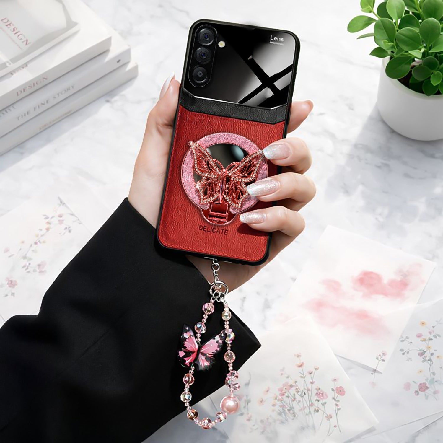 Samsung Galaxy A16 5G Premium Leather Lens Butterfly Stand Case with Charm Strap