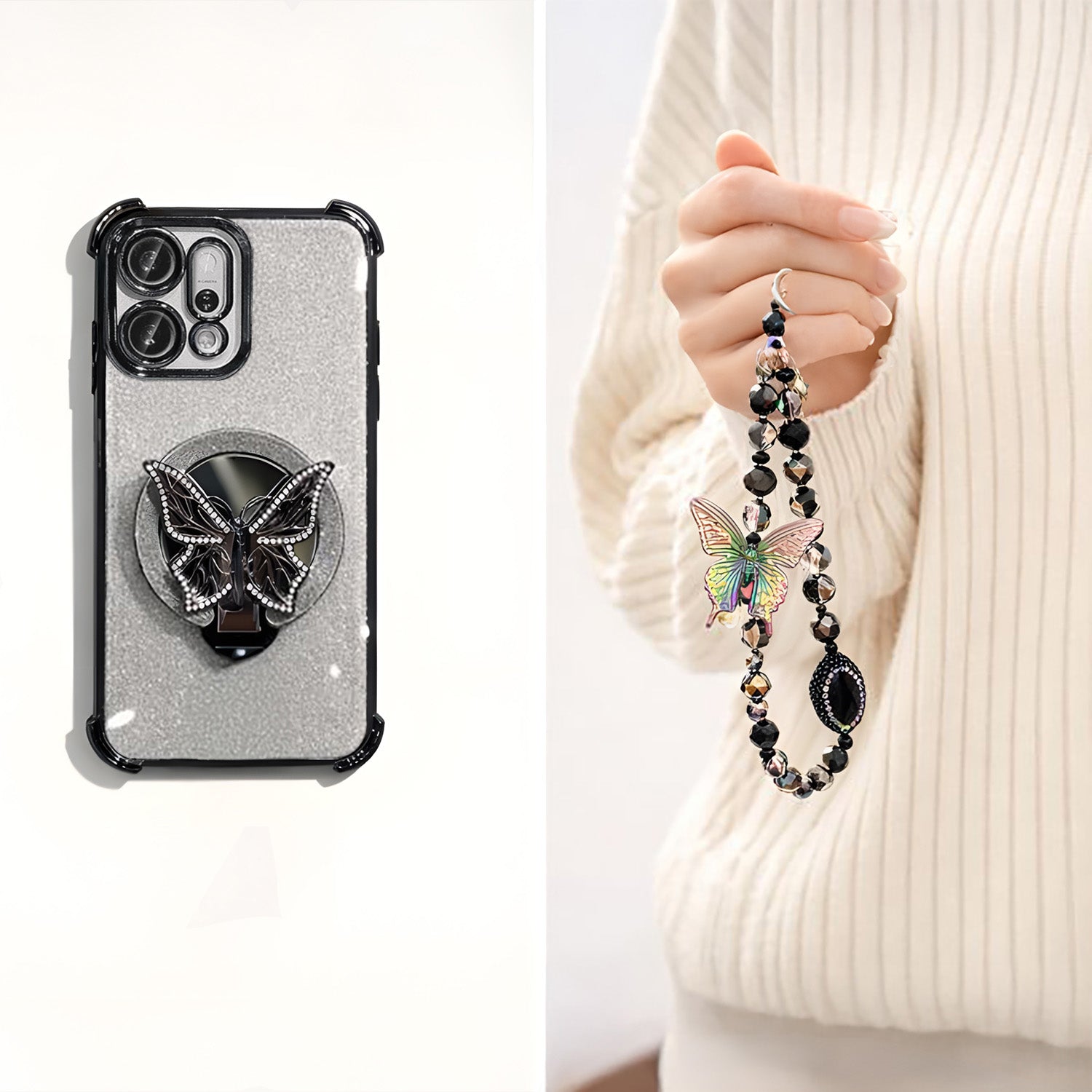 Oppo Reno 14 5G Shockproof Shimmer Butterfly Stand Case with Charm Strap